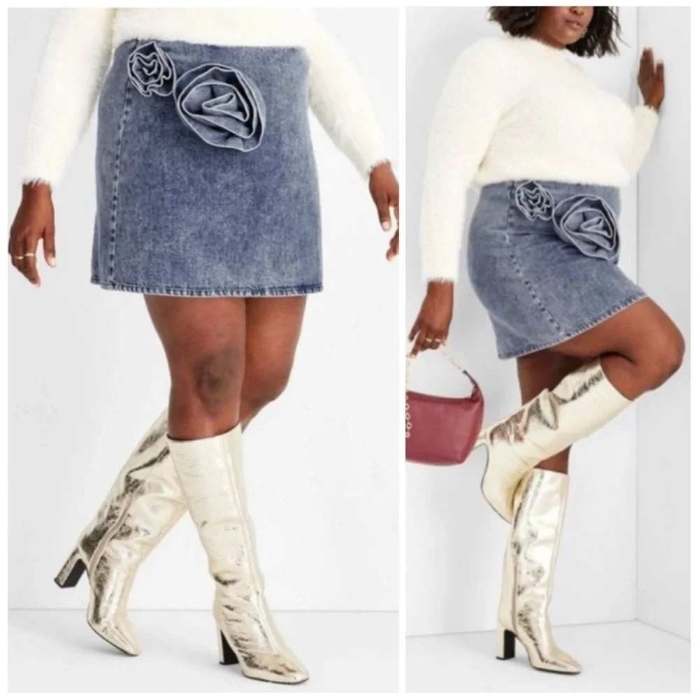 Future Collective Denim Skirt Women 4X Blue NEW Rosette Acid Wash Mini